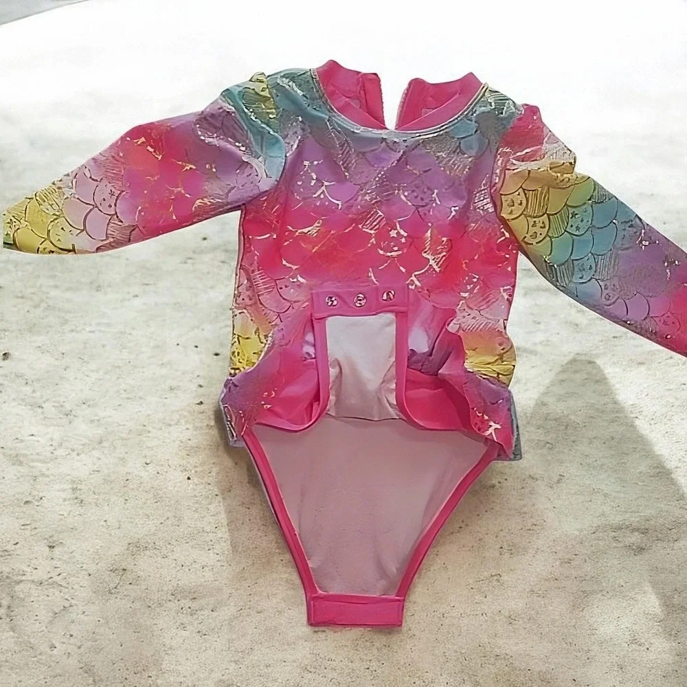 Size 2T Cat & Jack Swimsuit Pink Rainbow Mermaid Scale Gold Foil Ruffle